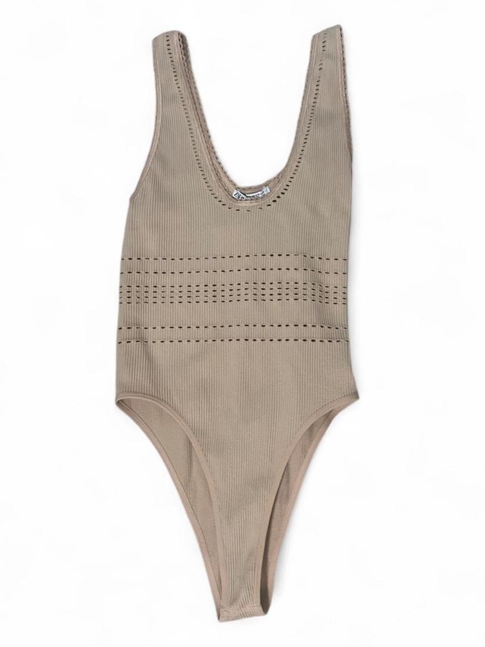 Zara Ribbed Taupe Bodysuit with Eyelet Detail